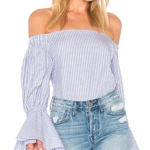 Alexis Juniper Striped Off Shoulder Top Blue White Blouse Shirt Ruffle Sleeve M